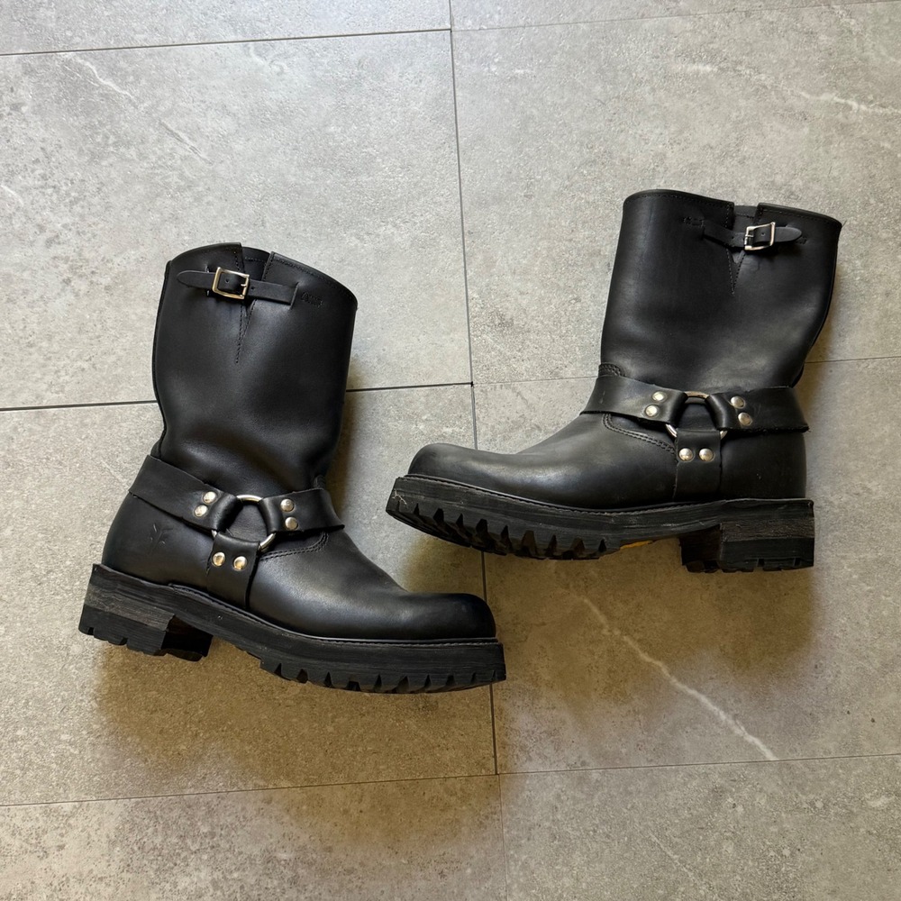 Vintage Frye Harness Boots 11 Black Leather Biker Moto Vibram Lug Sole
